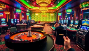 Experience the thrill of MM88 with vibrant casino elements, including roulette and poker games.