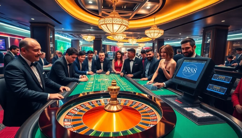 Experience the excitement of RR88 at a luxurious casino with poker and roulette tables.