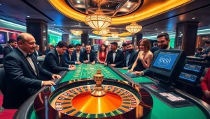 Experience the excitement of RR88 at a luxurious casino with poker and roulette tables.