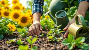 Gardening enthusiast planting seeds in a vibrant vegetable garden filled with colorful plants.