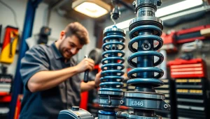 Mechanic installing E36 coilovers, showcasing detailed suspension components.