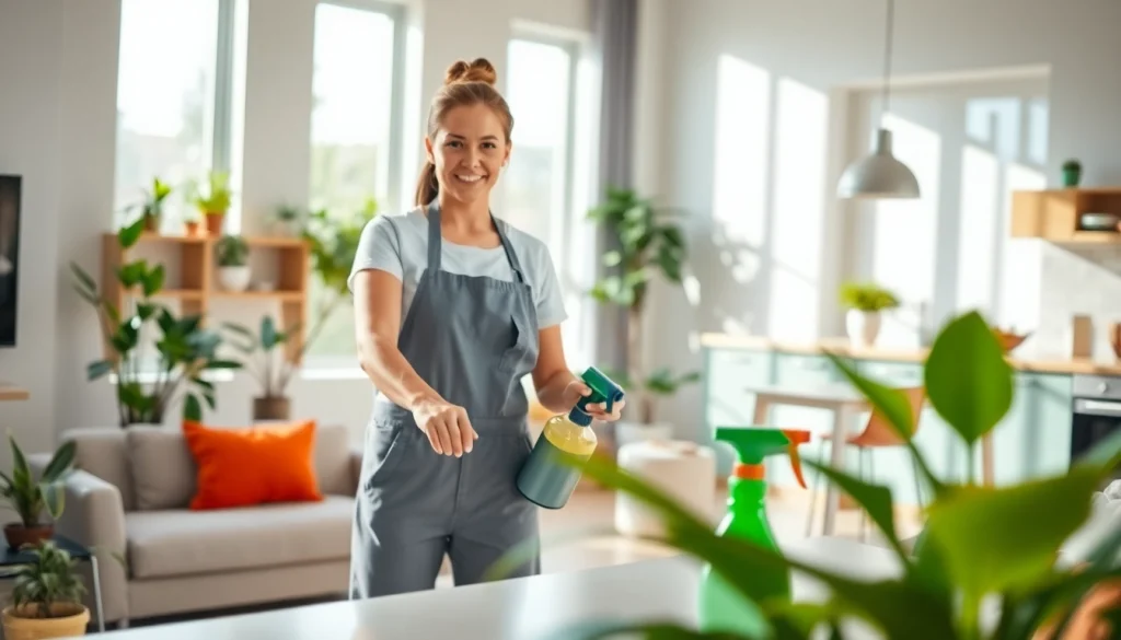 Engaging cleaning service professional demonstrating expertise in a modern home.