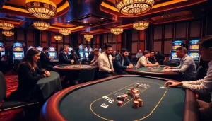 Players enjoying PG66 games at a lively poker table in a luxurious casino environment.