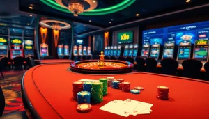 Experience high-stakes gaming at the luxurious xx88 casino with vibrant tables and sleek slot machines.
