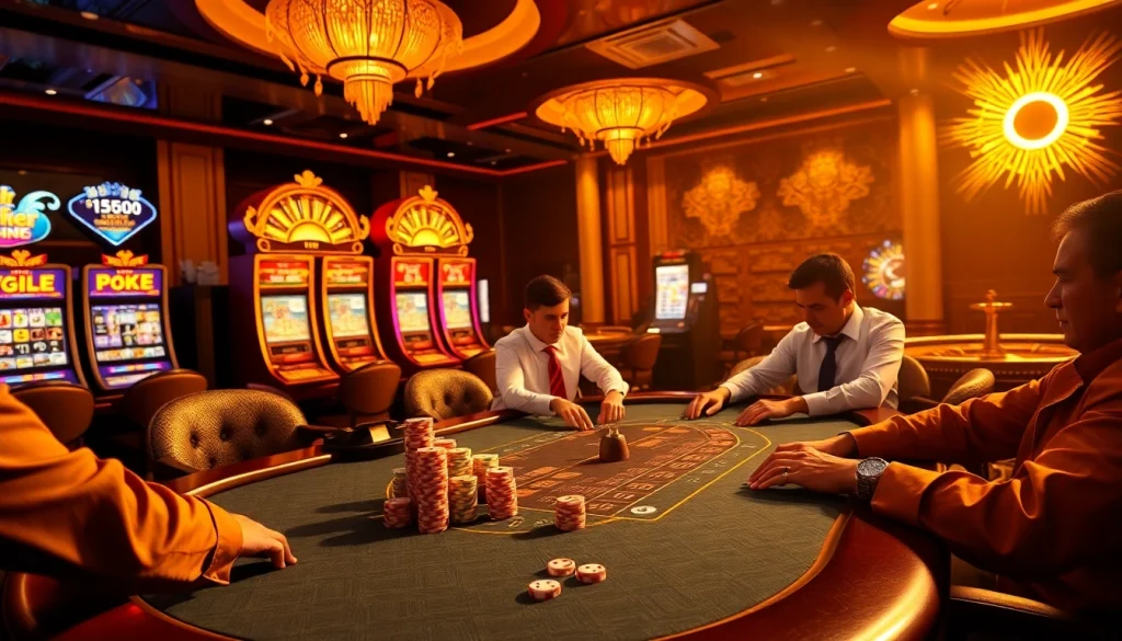 Play an exciting jili slot game at a vibrant casino table surrounded by colorful chips and warm lighting.