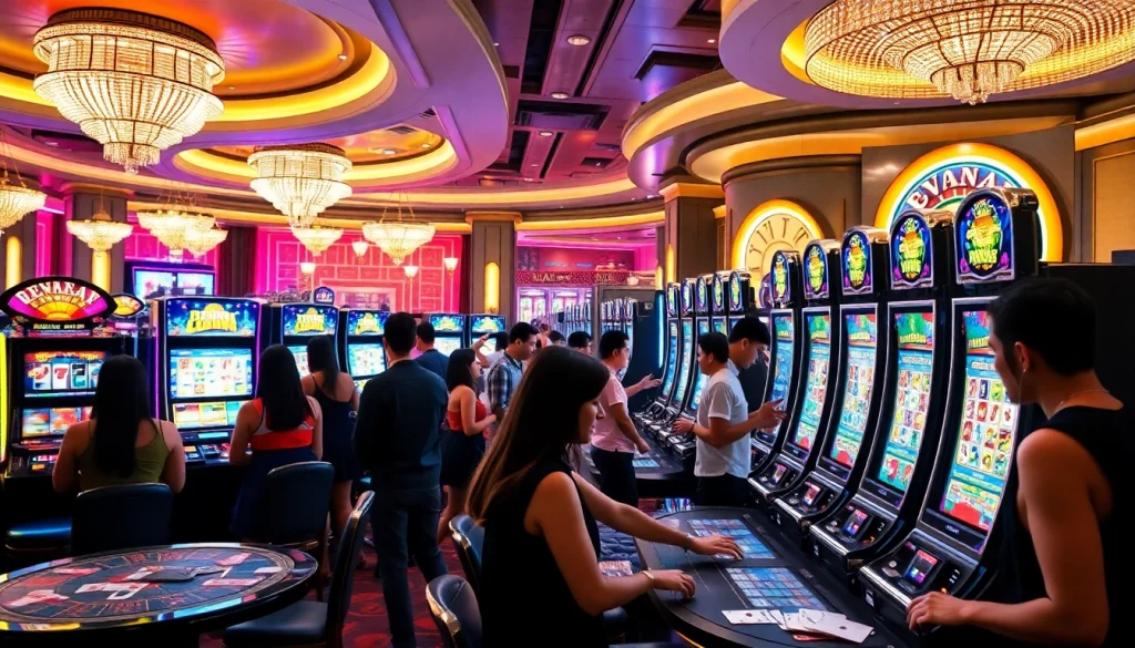Dewanaga89 slot players celebrating big wins at a vibrant casino, surrounded by colorful machines and tables.