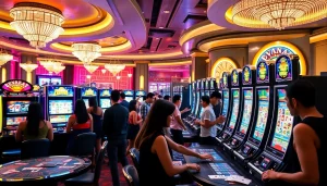 Dewanaga89 slot players celebrating big wins at a vibrant casino, surrounded by colorful machines and tables.
