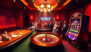 GACAM888 players celebrating wins at a luxury casino scene with vibrant poker and roulette.