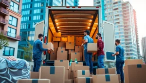 Efficient movers Vancouver loading a moving truck in a vibrant urban environment.