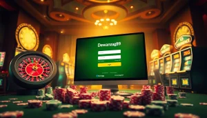 Antarmuka login Dewanaga89 ditampilkan pada perangkat modern dengan chip poker dan roda roulette, mengundang para pemain.