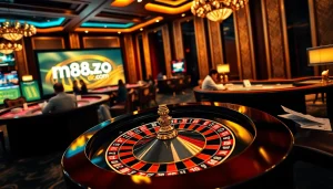 Engage in high-stakes gaming at m88zo.com with vibrant roulette and poker visuals.
