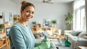 Transforming spaces with a professional cleaning service, showcasing eco-friendly products and a tidy home.