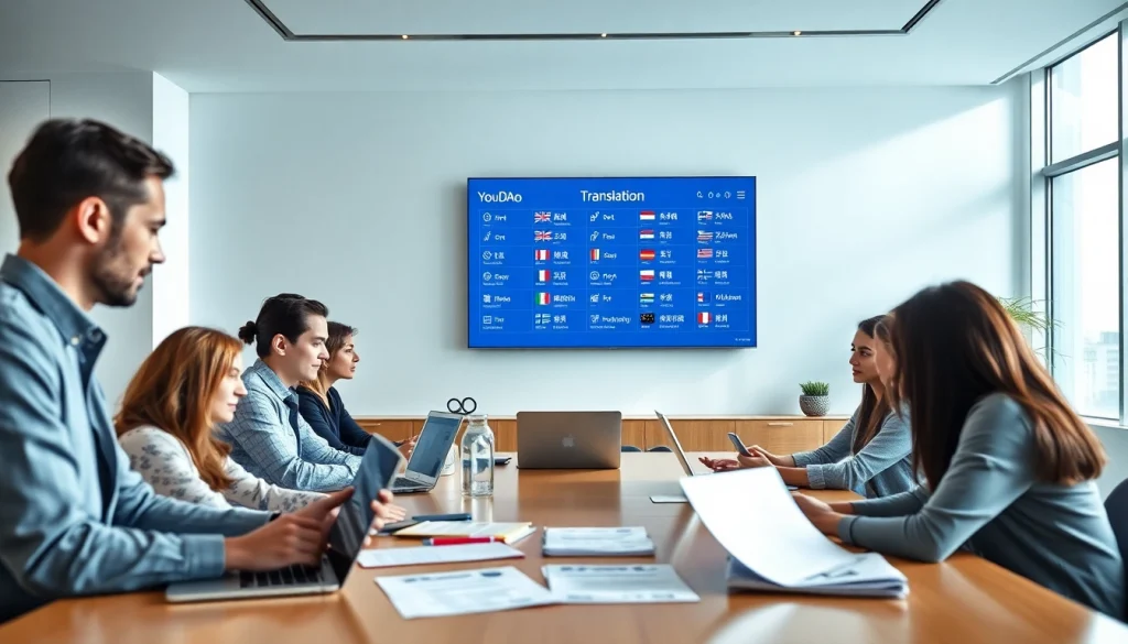 Youdao翻译 service showcased in a modern workspace with professionals collaborating on translation tools.