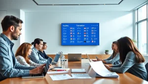 Youdao翻译 service showcased in a modern workspace with professionals collaborating on translation tools.