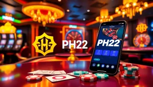 Engage in thrilling online gaming with PH22, showcasing vibrant slot machines and a roulette wheel.