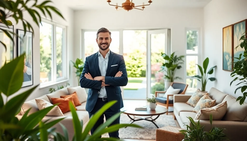 Real Estate agent showcasing attractive home interior in a bright, inviting setting.