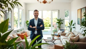 Real Estate agent showcasing attractive home interior in a bright, inviting setting.