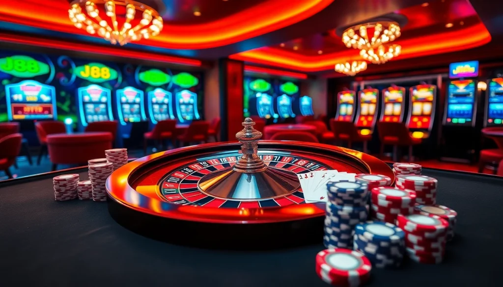 Engage with exciting gaming action at a vibrant casino featuring j88-themed roulette and poker setups.