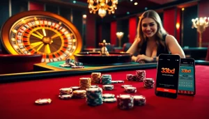 Engaging poker scene with 33BD branding and vibrant casino atmosphere.
