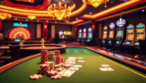 KJC online gaming scene featuring a luxurious poker table and vibrant slot machines.