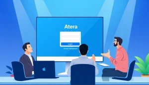 Atera login interface on a computer with a team discussing access issues.