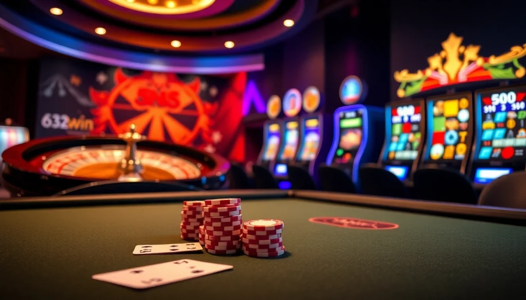 Gambling at 32win.com with poker chips and cards on a luxurious casino table.