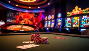 Gambling at 32win.com with poker chips and cards on a luxurious casino table.
