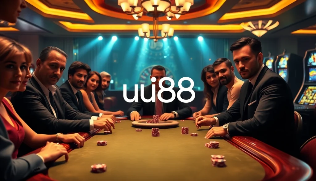 Engage with uu88's thrilling poker action at a luxurious casino table adorned with vibrant chips.