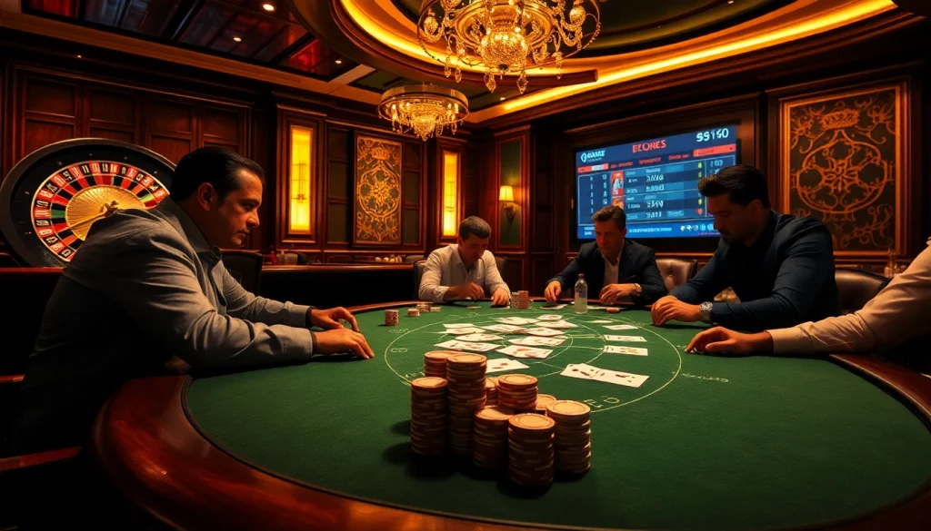 Experience trực tiếp bóng đá excitement at a vibrant casino table with players immersed in poker strategy.
