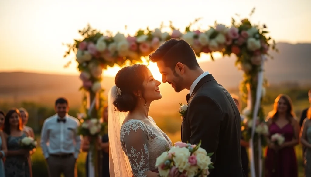 Best wedding photographers in Chicago capturing a couple's intimate moment under a floral arch at sunset.