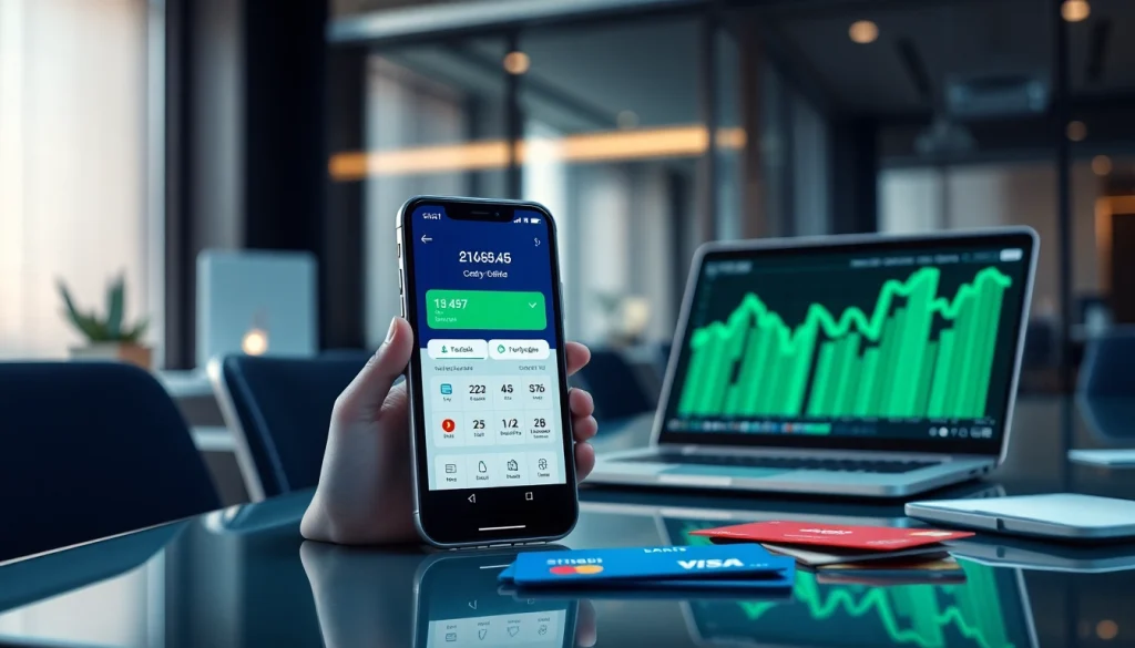 전문 사무실 환경에서 스마트폰의 디지털 상품권카드 인터페이스.