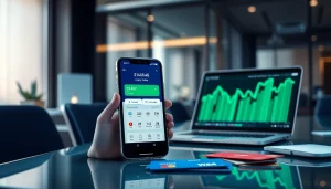 전문 사무실 환경에서 스마트폰의 디지털 상품권카드 인터페이스.