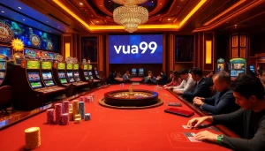 Experience the excitement of gaming at Vua99 with luxurious casino tables and vibrant slot machines.