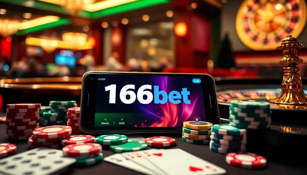 Experience the thrill of winning with the 166bet App lively casino scene featuring poker chips and cards.