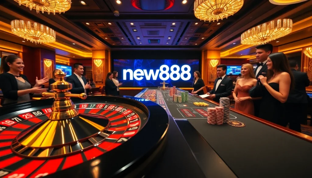 Experience the thrill of new888 with players enjoying high-stakes roulette in a luxurious casino.