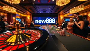 Experience the thrill of new888 with players enjoying high-stakes roulette in a luxurious casino.