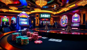 Excited gamblers placing bets around a luxury casino table at 54BET.