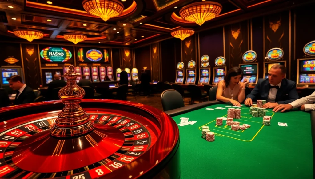 THABET casino scene showcasing poker chips and a lively roulette wheel in a luxurious setting.
