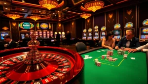 THABET casino scene showcasing poker chips and a lively roulette wheel in a luxurious setting.