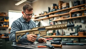 Gunsmith crafting a polymer 80 frame kit in a detailed workshop setting.