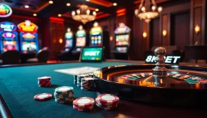 Gamblers playing exciting games at a luxurious casino table featuring 8KBET logo, chips, and cards.