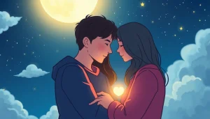 Couple sharing a good night message for her under moonlight, creating a romantic atmosphere.