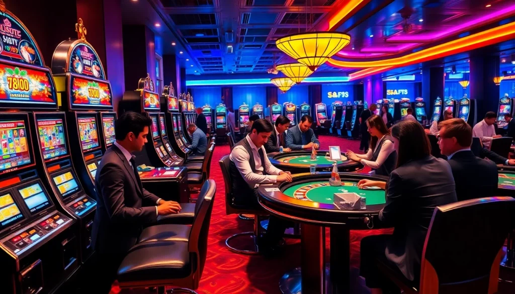 Experience the thrill at s8-themed slots in a luxurious casino, showcasing vibrant gameplay.