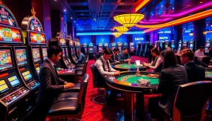 Experience the thrill at s8-themed slots in a luxurious casino, showcasing vibrant gameplay.