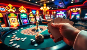 Players engaging at the luck8 roulette table, surrounded by vibrant slot machines and poker elements.