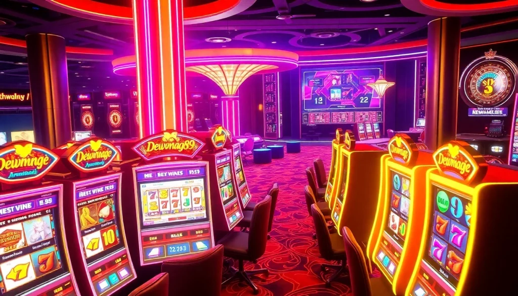 Mesin slot Dewanaga89 yang menawarkan pengalaman bermain yang mendebarkan dengan warna-warna cerah dan suasana kasino.