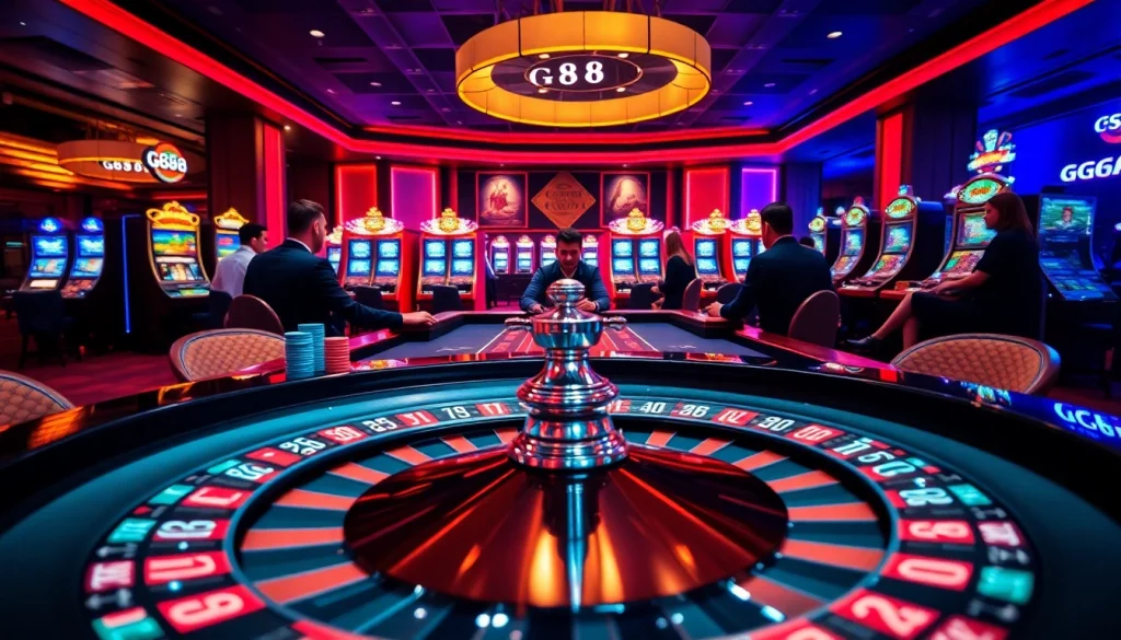 GG88 players strategizing at a high-stakes poker table in a vibrant casino scene.