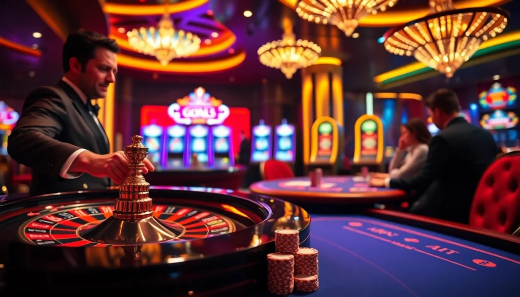 Experience the excitement of God345 casino with a professional roulette dealer and vibrant poker table.