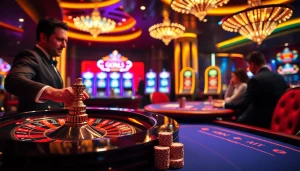 Experience the excitement of God345 casino with a professional roulette dealer and vibrant poker table.