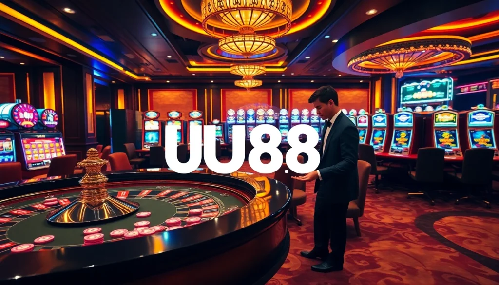 UU88 casino experience with roulette and slot machines in a luxurious setting.